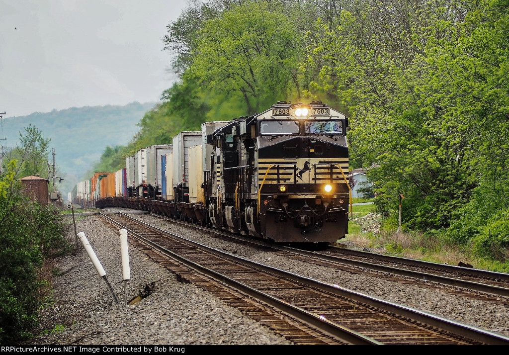 NS 7603 leads westbound intermodal train through Blandon, PA